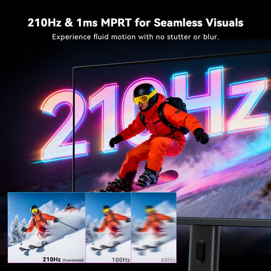 Een skiër in een oranje outfit die een snowboard berijdt, met neon 210HZ tekst op de achtergrond.