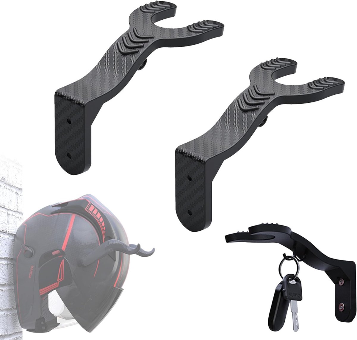 QUOVO® Helmhouder - Helm Houder - Helm Kapstok – 2 Pack - Helm Standaard - Motorhelm Steun – Wandsteun Ophangsysteem - Met Haakje voor Jas Of Sleutel - Zwart - 10cm x 6cm x 8cm