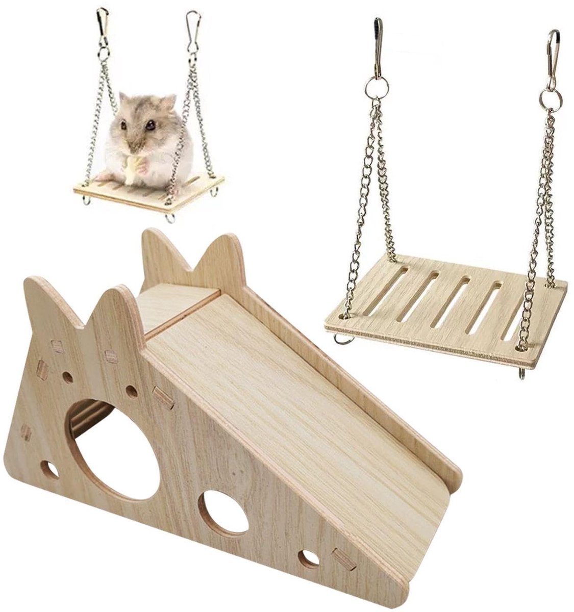 Solidchoice - Houten Hamsterhuis met Glijbaan en Speeltoestel