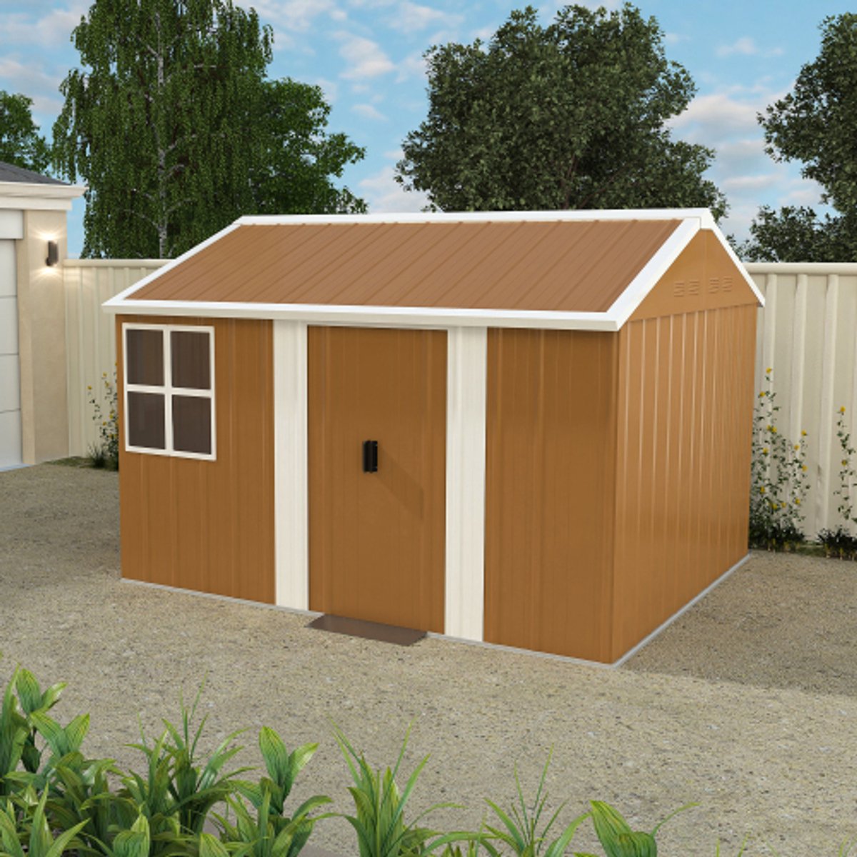 Intebiki Tuinhuis - Gereedschapsschuur - Tuinschuur - Metalen frame - 300 x 240 x 194 cm - Met raam - Afsluitbare deur - Bruin