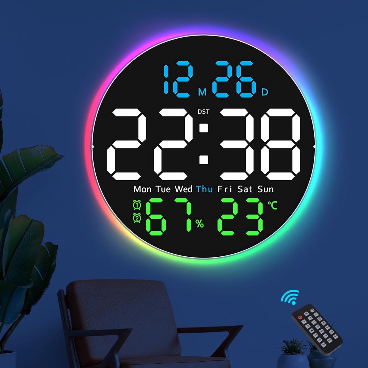 Solidchoice - Digitale Wandklok met LED en Temperatuur - Muurklok met Kalender en Alarmfunctie