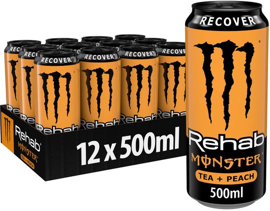 Blikje Monster Rehab Tea + Peach, met zwarte en oranje branding. 12 blikjes van 500ml in een zwarte doos.