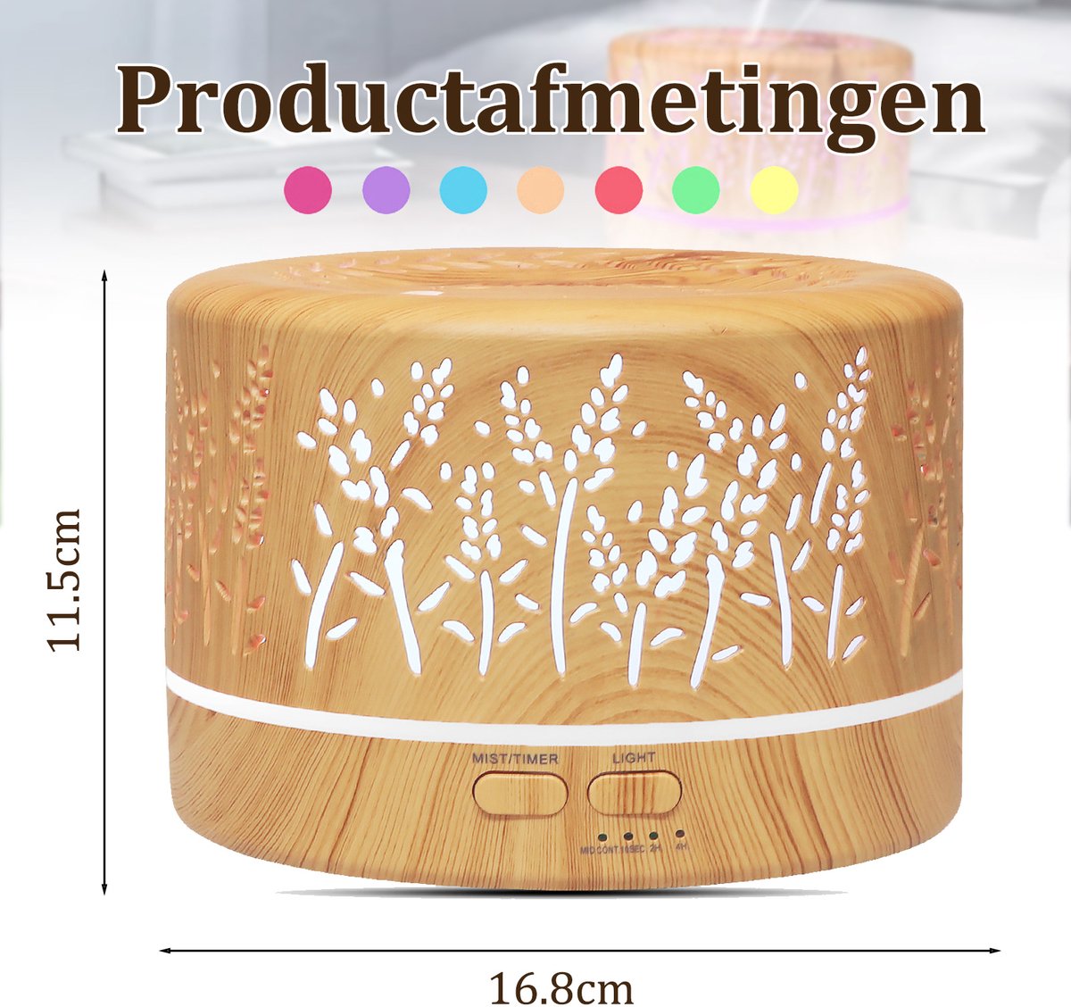 zurabini - Aroma Diffuser- Luchtbevochtiger - met Afstandsbediening - 500ml Geurverspreider voor Etherische Oliën - Aromatherapie Diffuser met 7 LED Kleuren, Timer en Automatische Uitschakeling - Houtlook thumbnail 4
