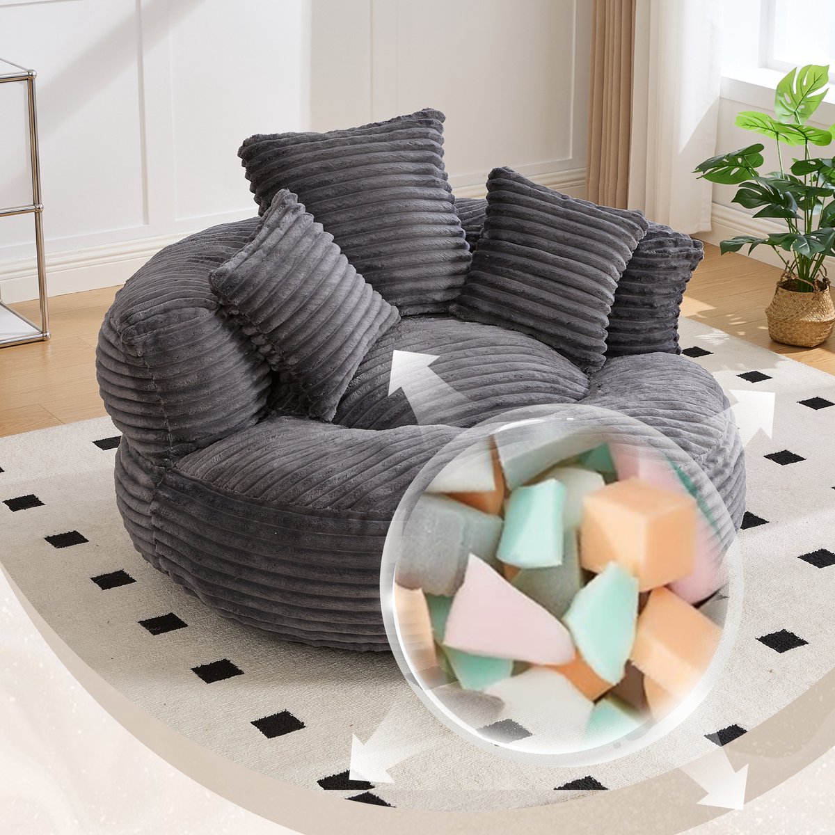 Zitzak Stoel - Corduroy Lazy Sofa - Grote 1-Persoons Lounge Fauteuil Met Hoge Rugleuning - Comfortabele Gaming Stoel - Relaxstoel Voor Volwassenen En Kinderen - Donkergrijs