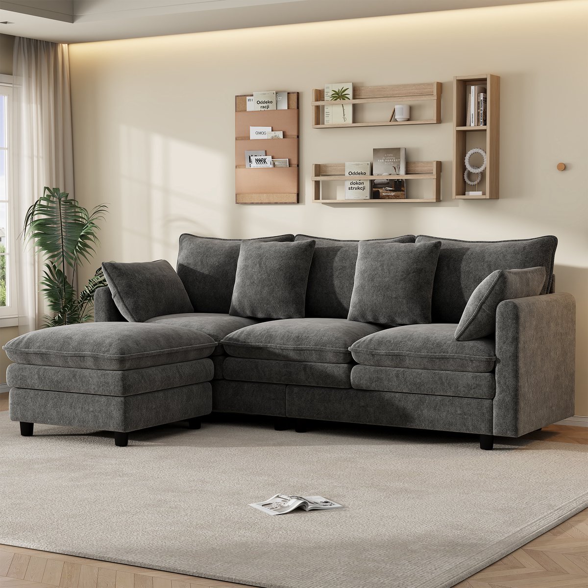 L-förmig Design Sofa met Stoellongue - Ruimtelijk en Functioneel - 212x150x90 cm, Grijs