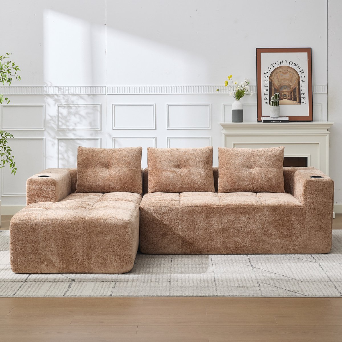258 cm Wijde L-Shape Sofa met Drie Kussens - Ideaal voor Kleinere Woonkamers en Appartementen - 258x163x68 cm, Lichtbruin