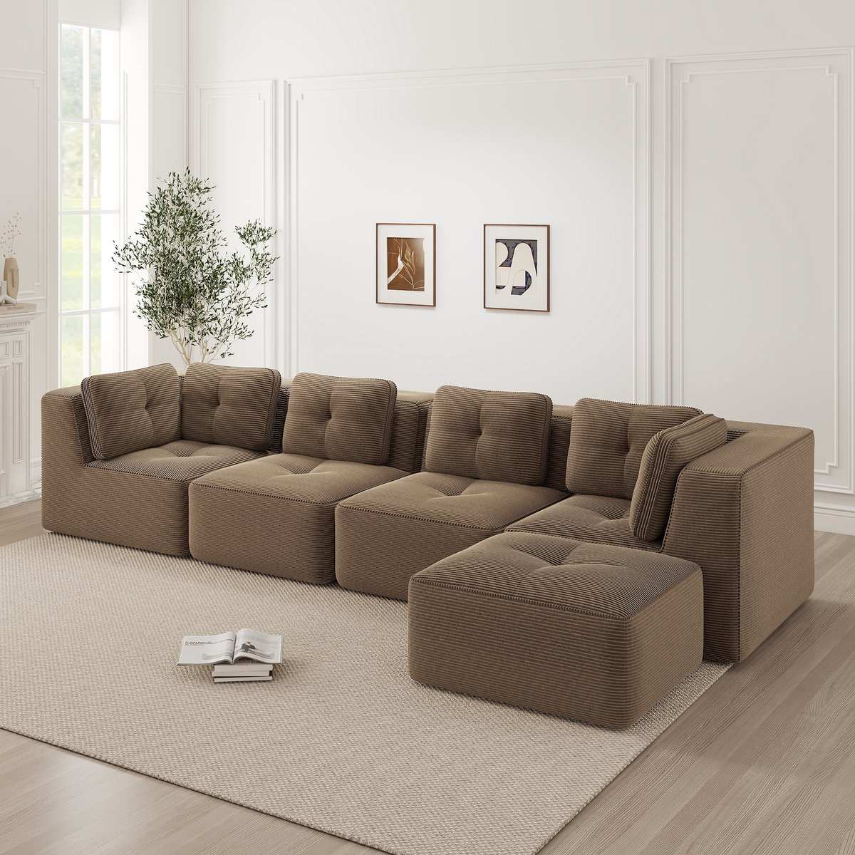 Modulaire 4-Zits Bank - Ribstof Cloud Sofa Zonder Frame - Frameloze Lounge Hoekbank Met 32D Schuim - Diepe Zitbank Met Zachte Kussens - Geen Montage Nodig - Comfortabele Woonkamer Sofa - Bruin