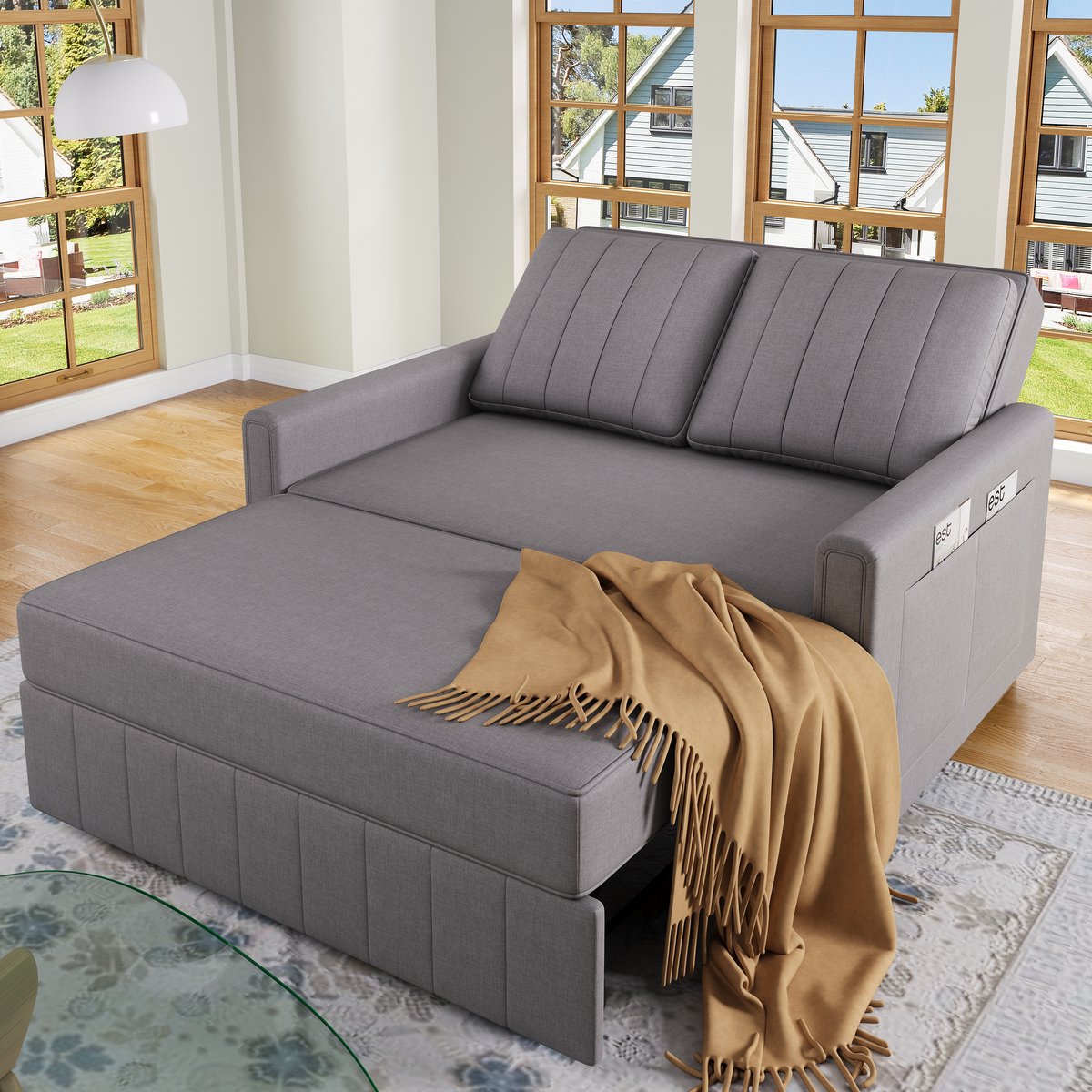 Slaapbank - 2 Zits Uitklapbare Bank Met Bedfunctie - Verstelbare Rugleuning En 2 Kussens - Ruimtebesparende Sofa Bed Met Schuimvulling - Comfortabele Bank Voor Kleine Appartementen En Studenten - Antiek Grijs