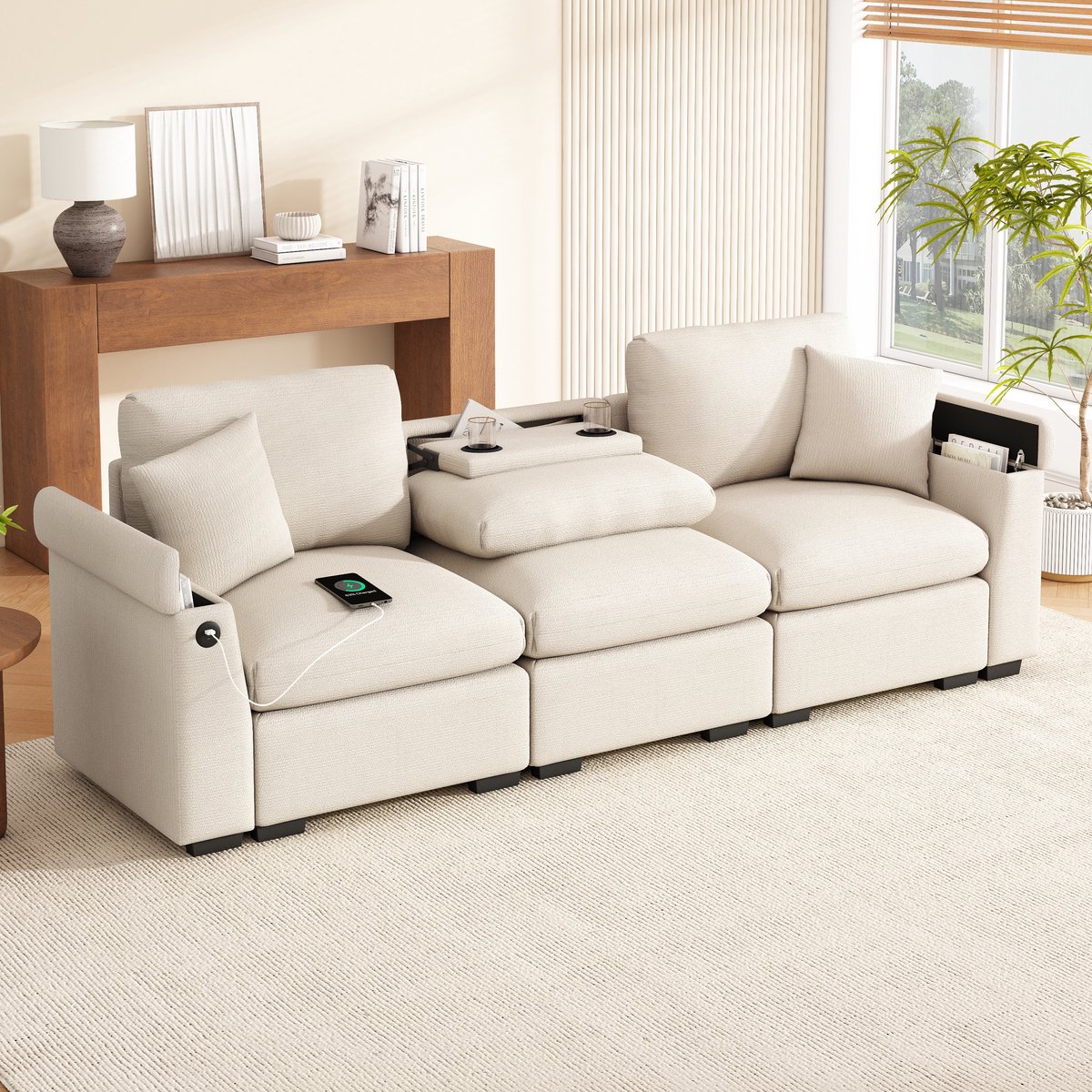 Dreisitzer-Sofa in Chenille - Voor Woonkamers, Büros en Heimkinos - 242x80x88 cm, Beige