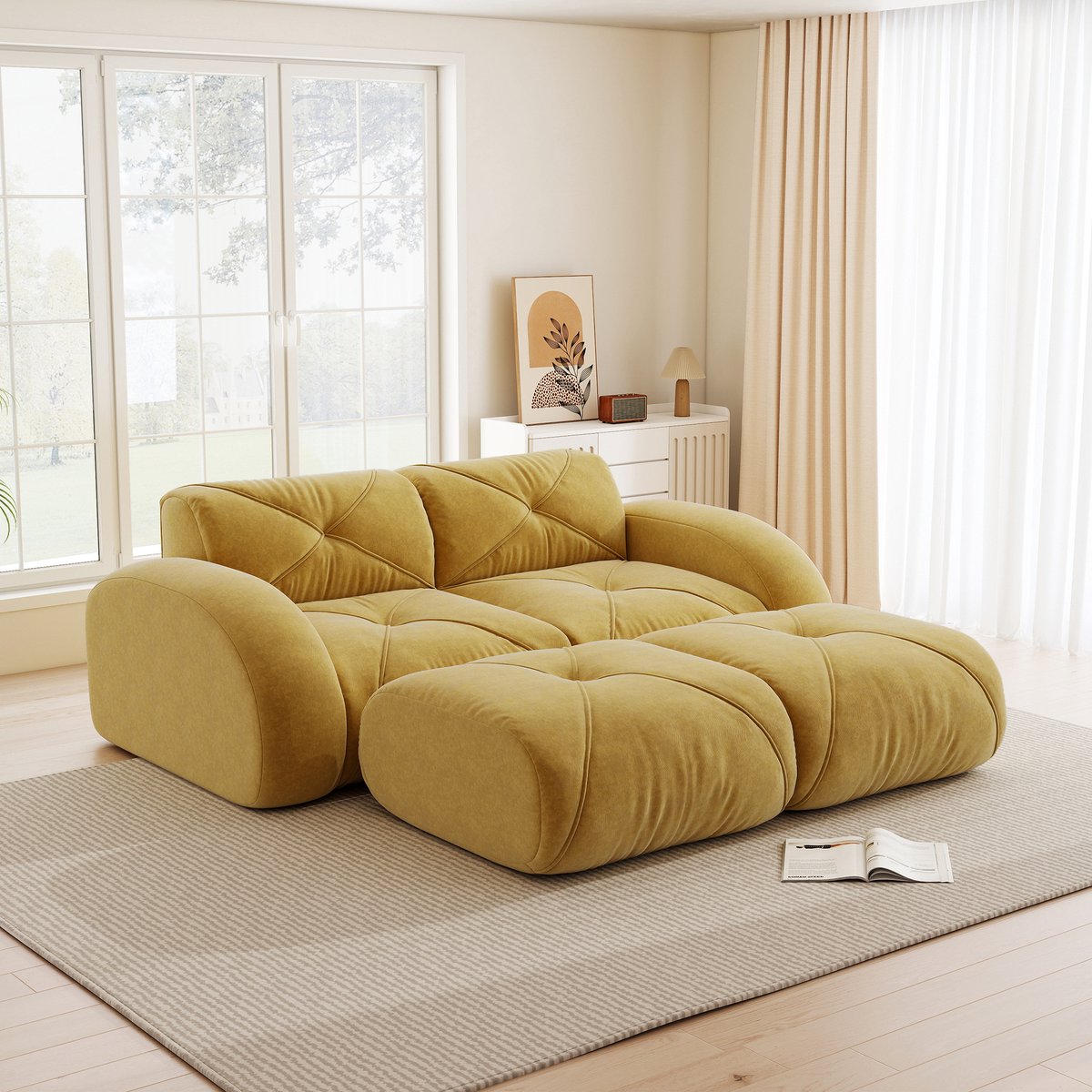 204x171x76 cm - Chenille Tweezits Sofa Met 32D-Hogedichtheid Schaumstof, Geel