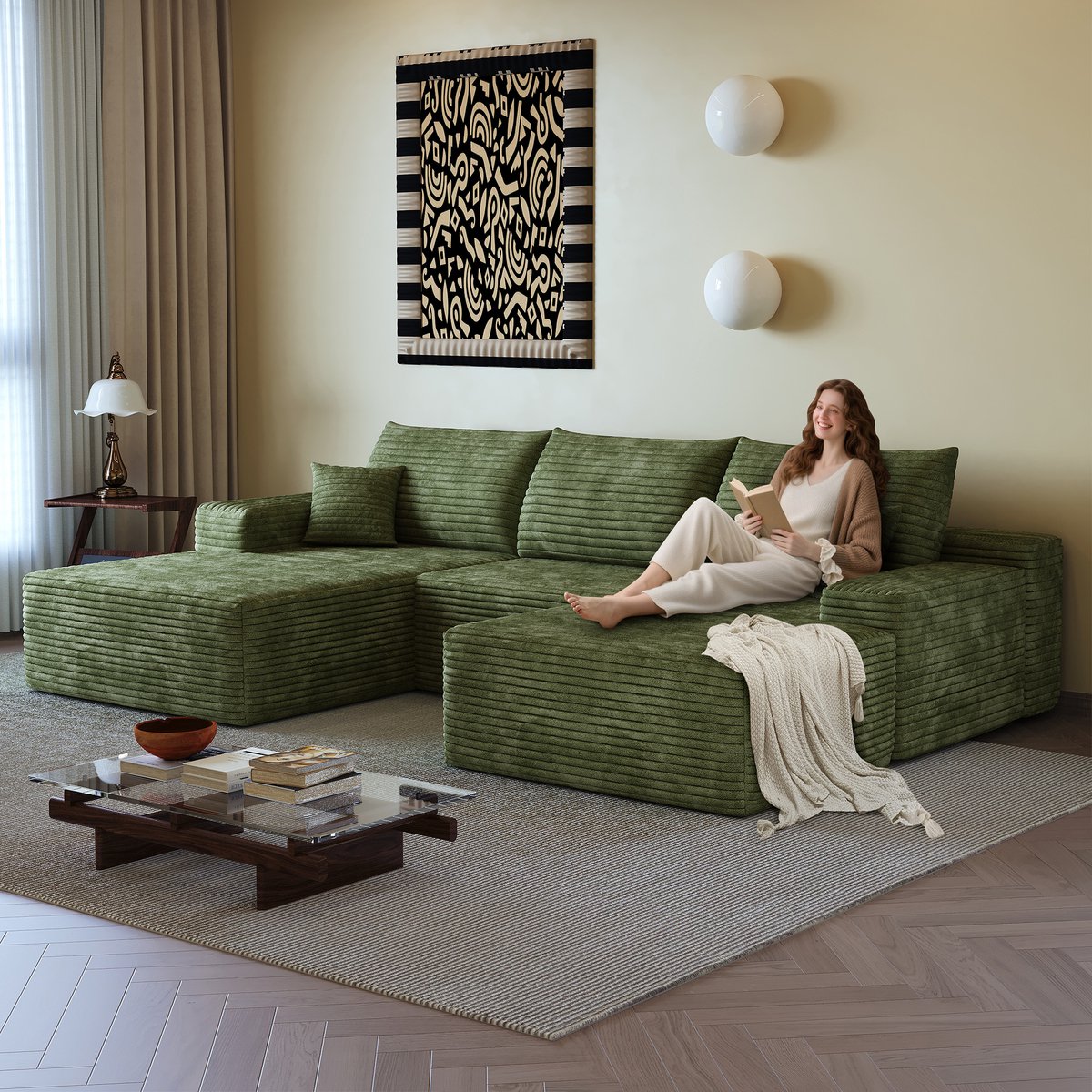 Modulaire Hoekbank 4 Zits - Ribstof Cloud Sofa Zonder Frame Met L Vormige Hocker - Diepe Zit Lounge Bank Met Zachte Schuimvulling - Compressie Sofa Zonder Montage - Moderne Bank Voor Woonkamer Appartement - Groen
