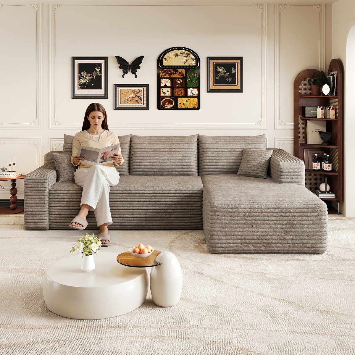 L-Vormige Hoekbank - 3-Zits Bank 241 Cm - Diepe Zit - Zachte Ribstof - Comfortabele Bank - Camel