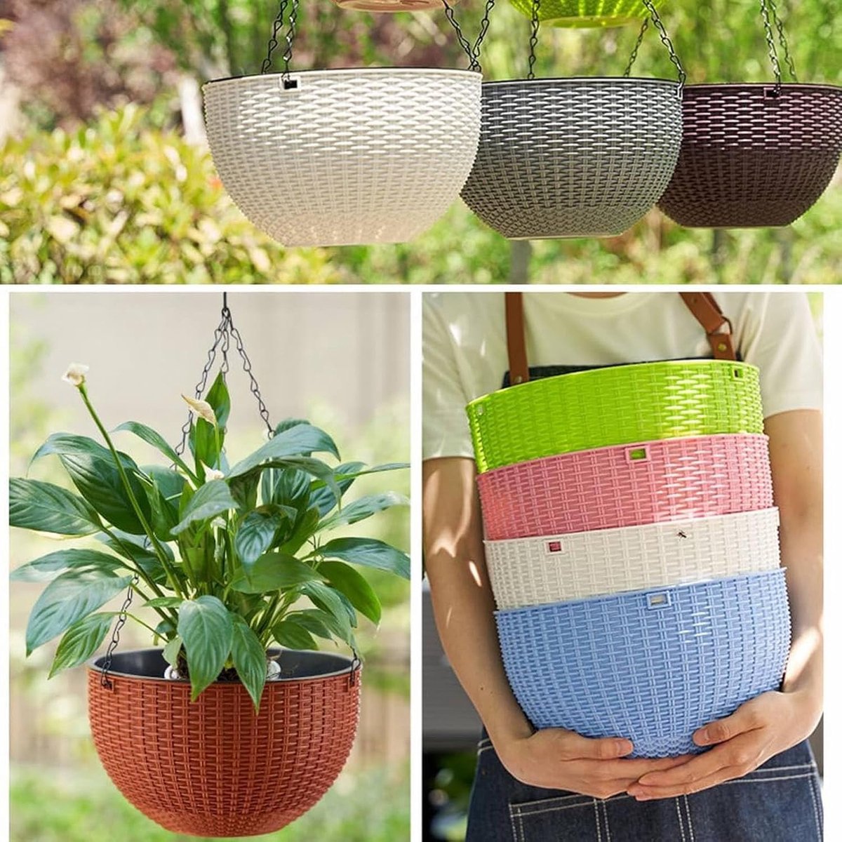Hangmand van kunststof voor binnen en buiten, set van 2 bloempotten met ketting, zelfwaterende hangende plantenpotten voor bloemen, plafonds, balkons en tuinen(rood) — cadeau in Wonen & Interieur - foto 6