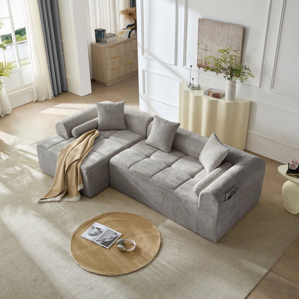 Luxe chenille hoekbank - L-vormige loungebank met chaise longue - Moderne stoffen bank - 2-3 zitplaatsen - Comfortabele woonkamerbank - Grijs