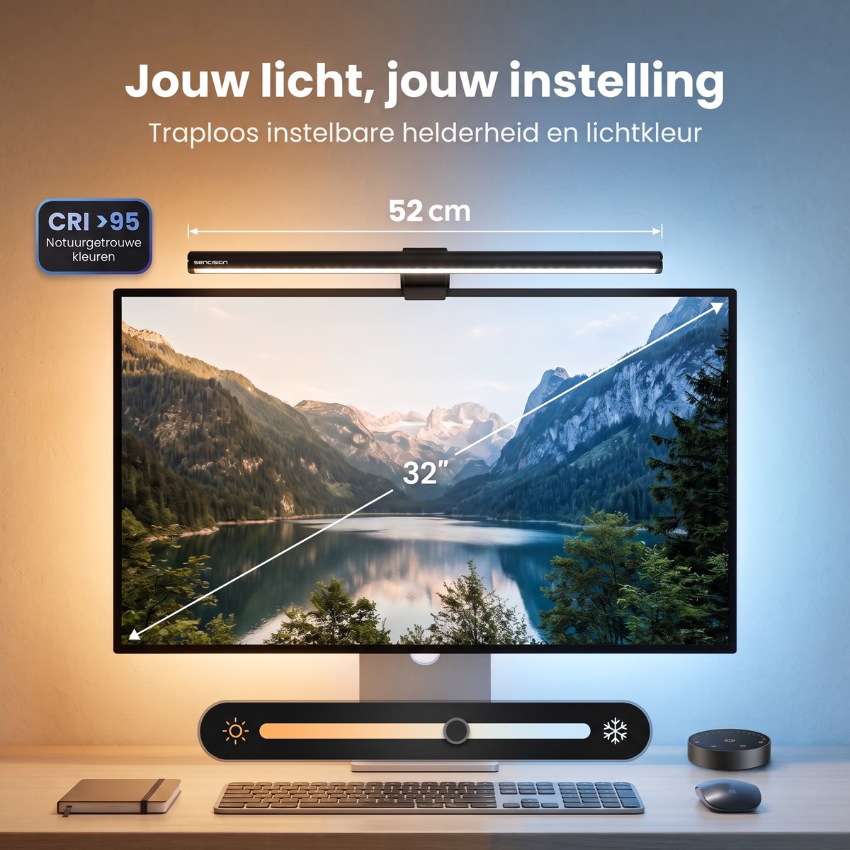 Sencision Monitor lamp met Backlight - Auto-Dimming - Bureaulamp LED Dimbaar 52 cm - 3000K-6500K - CRI >95 - Afstandsbediening - Zwart thumbnail 4