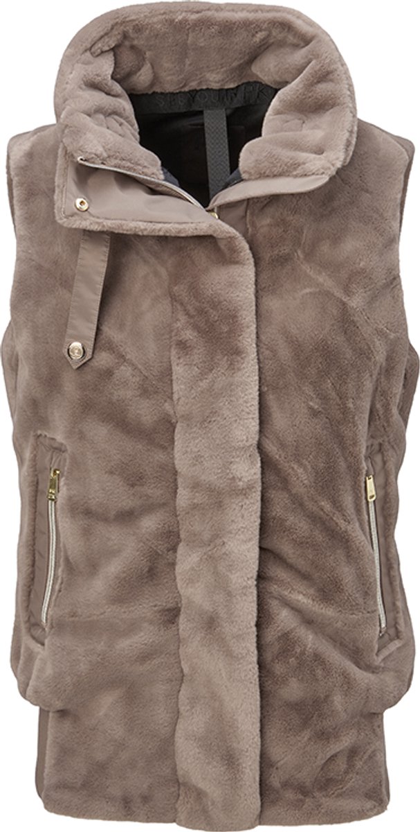 PK International - Taury - Fluffy Bodywarmer - Bodywarmer - Ritszakken - Gouden afwerking - Hoge kraag - Jersey voering - Coffee - Donkerbruin - M/38