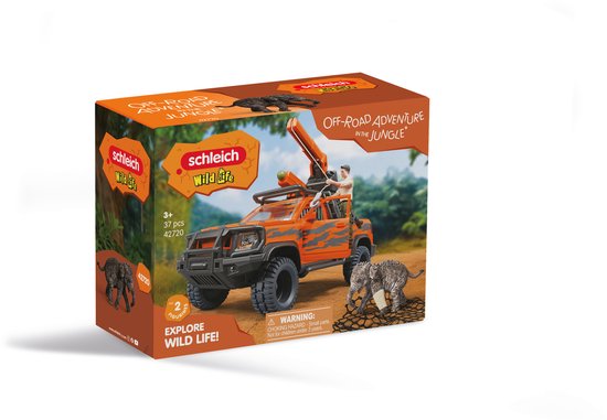 Schleich Wild Life off-road avonturenvoertuig in de jungle met oranje opdruk en olifant, 37 stuks.
