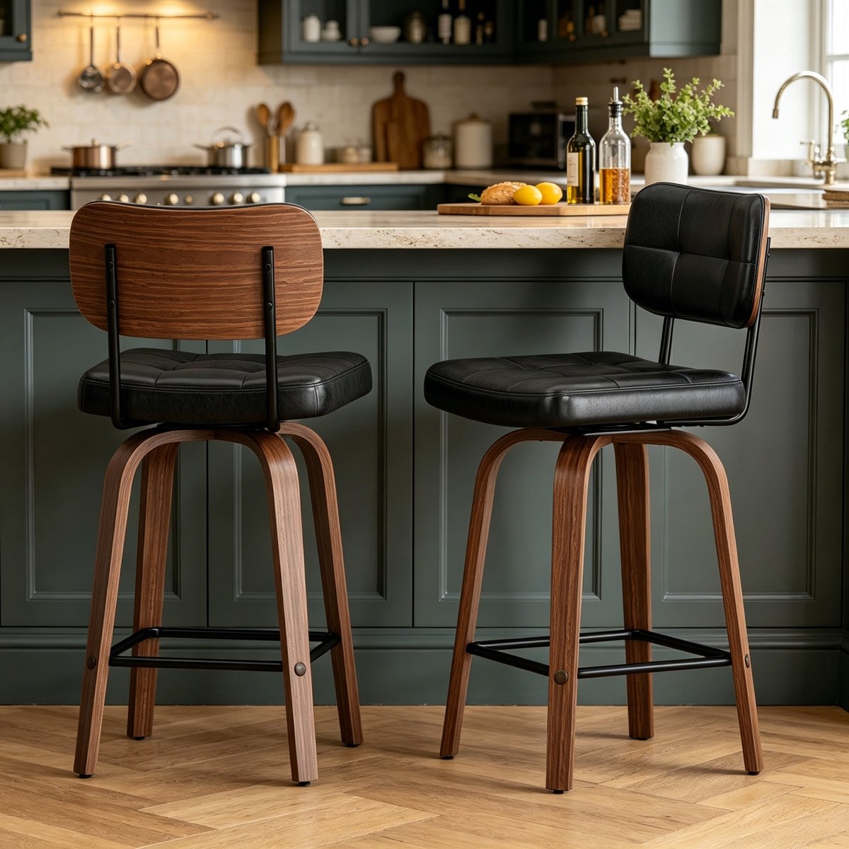 Clruro Barkrukken - 2 Stuks - 360° Draaibaar met Gebogen Rug - PU-Leer, Hout en Metaal - Zwart