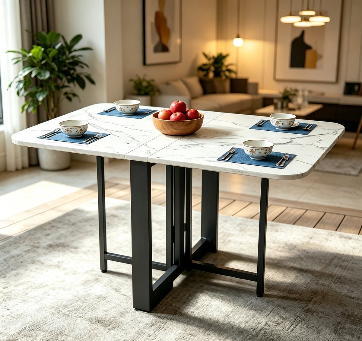 Opklapbare eettafel van 1,2 x 0,8 meter geschikt voor 6-8 personen Ideaal voor kleine woningen en appartementen Kenmerken zijn onder andere een tafelblad met marmerlook verstelbare poten en een witte afwerking Perfect voor keukens en eetkamers