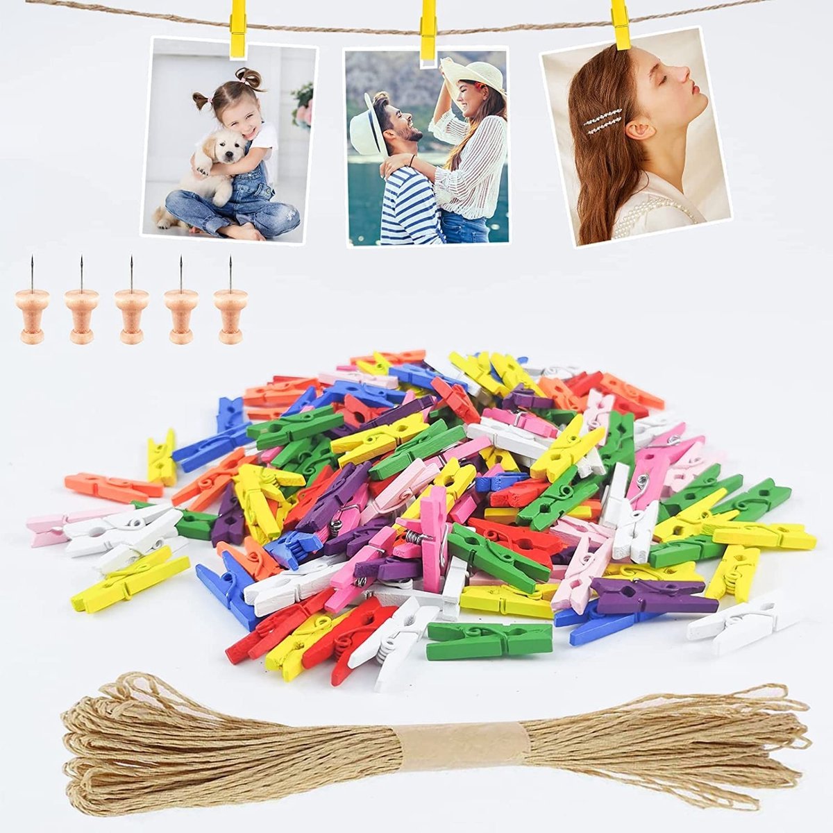 Solidchoice - 150 Mini Houten Knijpers met Jute Koord en Naalden