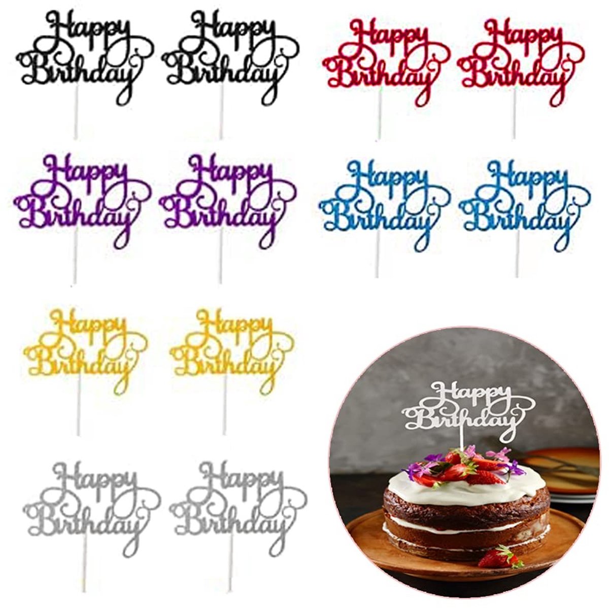 Solidchoice - 12 Stuks Glitter Happy Birthday Taart Toppers