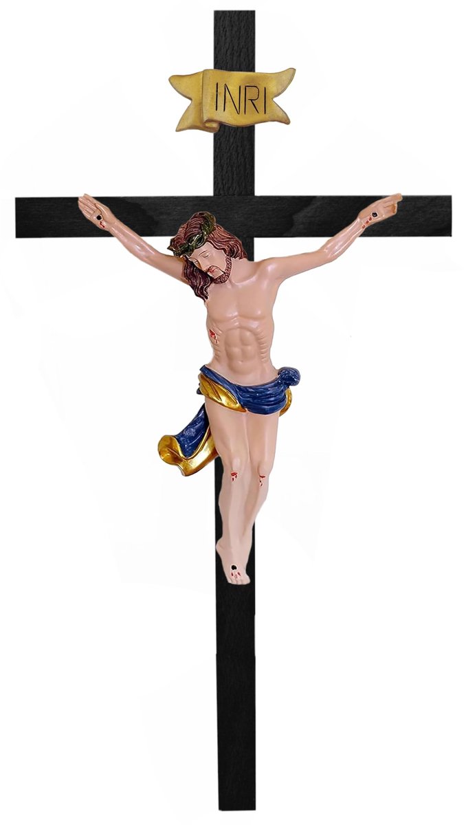 Solidchoice - Wandkruis van Beukenhout met Handgeschilderd Beeld van Jezus Christus