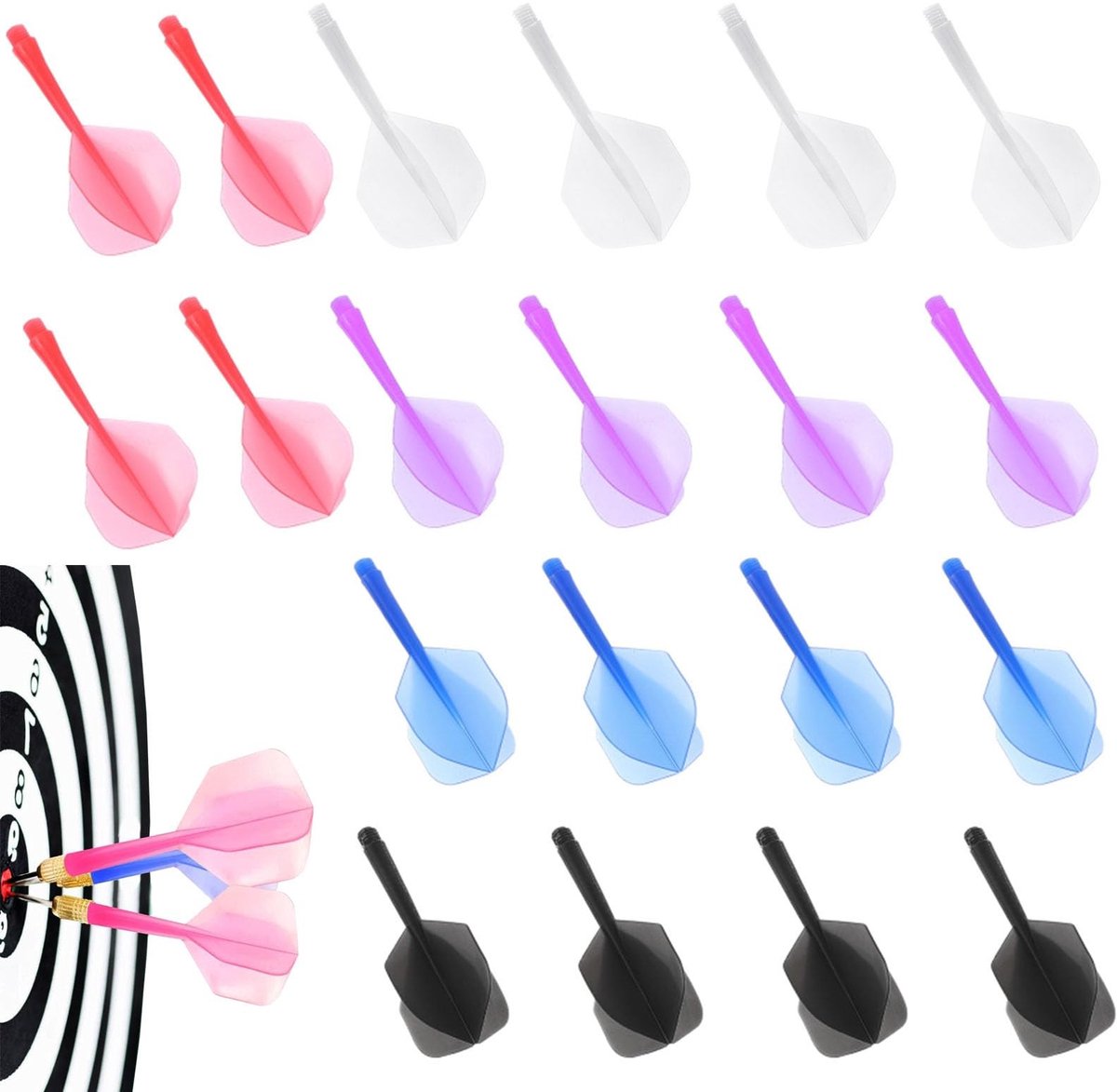 Solidchoice - Set van 20 Dart Shafts met Vliegen in 5 Kleuren