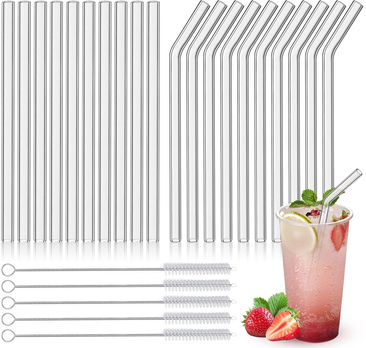 Solidchoice - Set van 20 Herbruikbare Glazen Rietjes met 5 Schoonmaakborstels