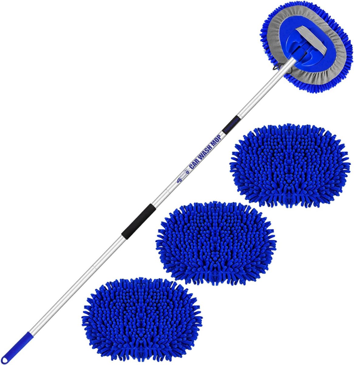 QUOVO® 2-in-1 Autowasborstel Telescopisch - Wasborstel Met Telescopische steel – Telescoop Wasborstel Met Zachte Borstel Haren – Uitschuifbare Wasborstel Auto Inclusief 4x Microvezelmop – Was Borstel – 160 cm - Blauw - 42cm x 23cm x 11cm