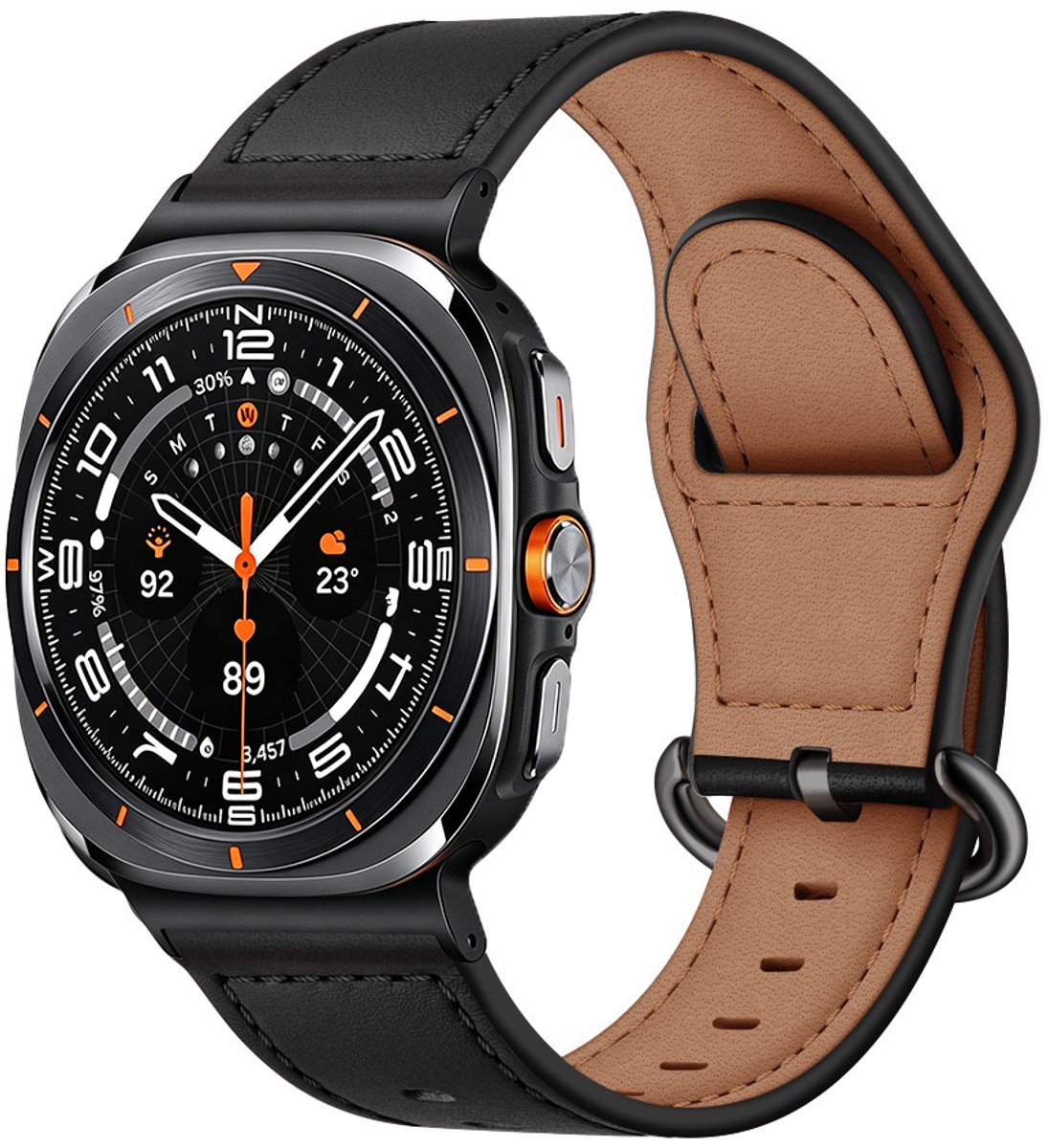 Stravo Echt Leer Bandje – Geschikt voor Samsung Galaxy Watch Ultra 2 47mm (2026) / Ultra 47mm (2024/2025) – Luxe Leren Horlogebandje met Ovale Gespsluiting – Zwart
