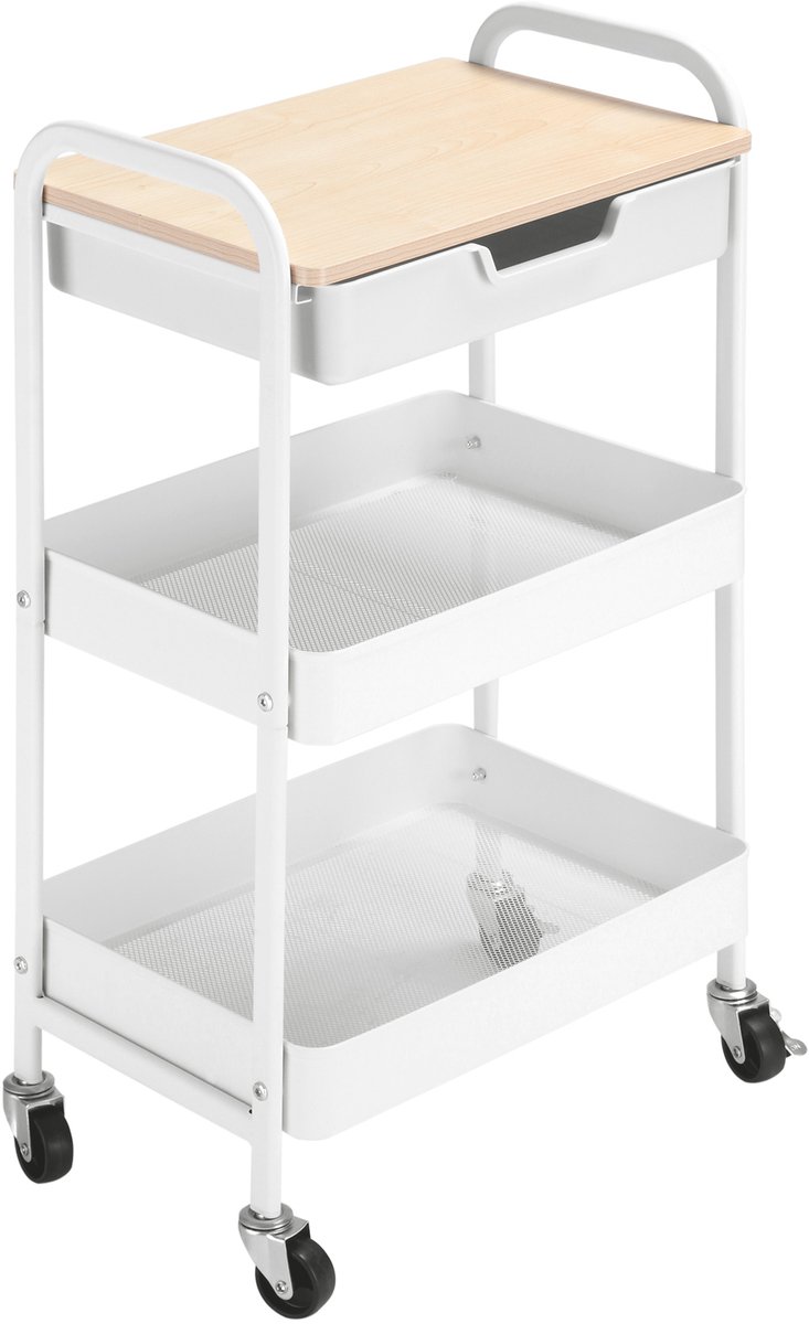 Keukenwagen/servierwagen – voorzien van 2 legplanken en 1 lade – stalen frame – wit