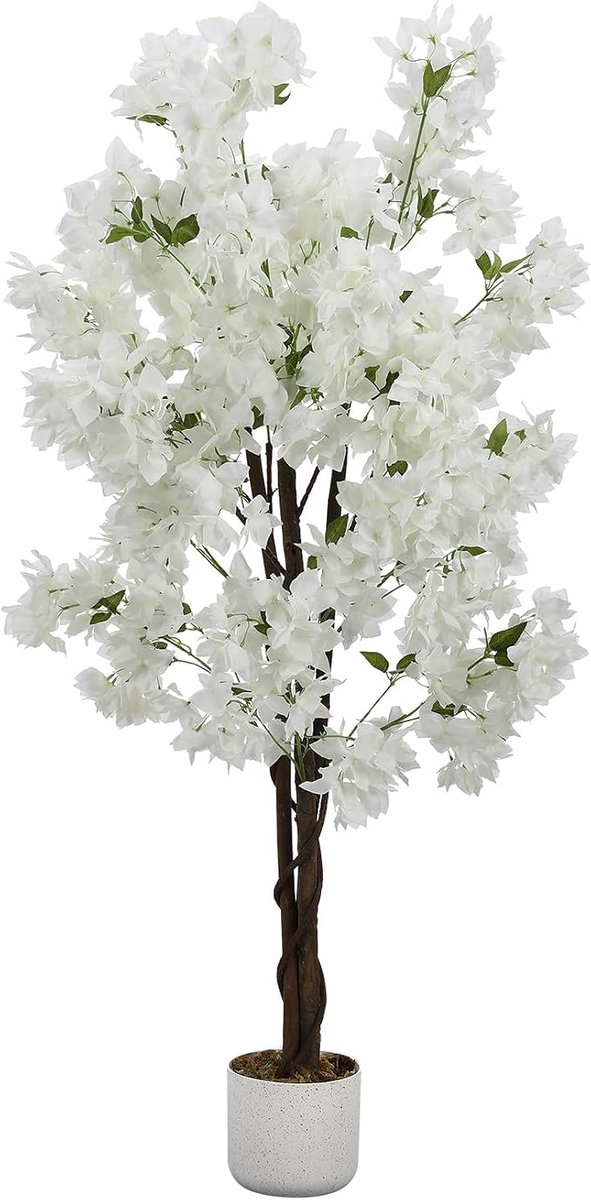 HOERFURIY Kunst kersenbloesemboom - 150 cm - vlindervormige witte polyester bloemen - natuurlijke stam - zwarte pot - decoratie woning kantoor bruiloft