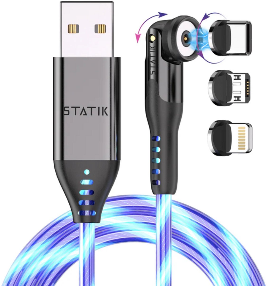 Statik PowerPivot oplaad- en datakabel - 1m - USB-A to USB-C - LED verlichting - 12W