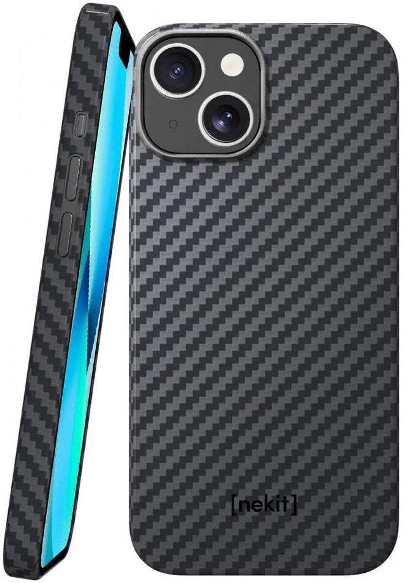 NEKIT Fiber Hoesje Geschikt voor Apple iPhone 13 - Compatibel met MagSafe - High-tech Kevlar Aramidevezels 1500D - Back Cover Ultra Dun - Grijs/Zwart