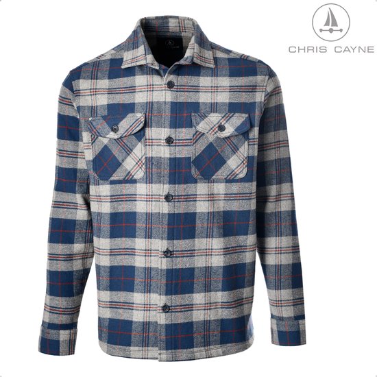 Heren geruite overshirt van Chris Cayne in grijs, marineblauw en donkerrood, met lange mouwen en twee borstzakken met klep.