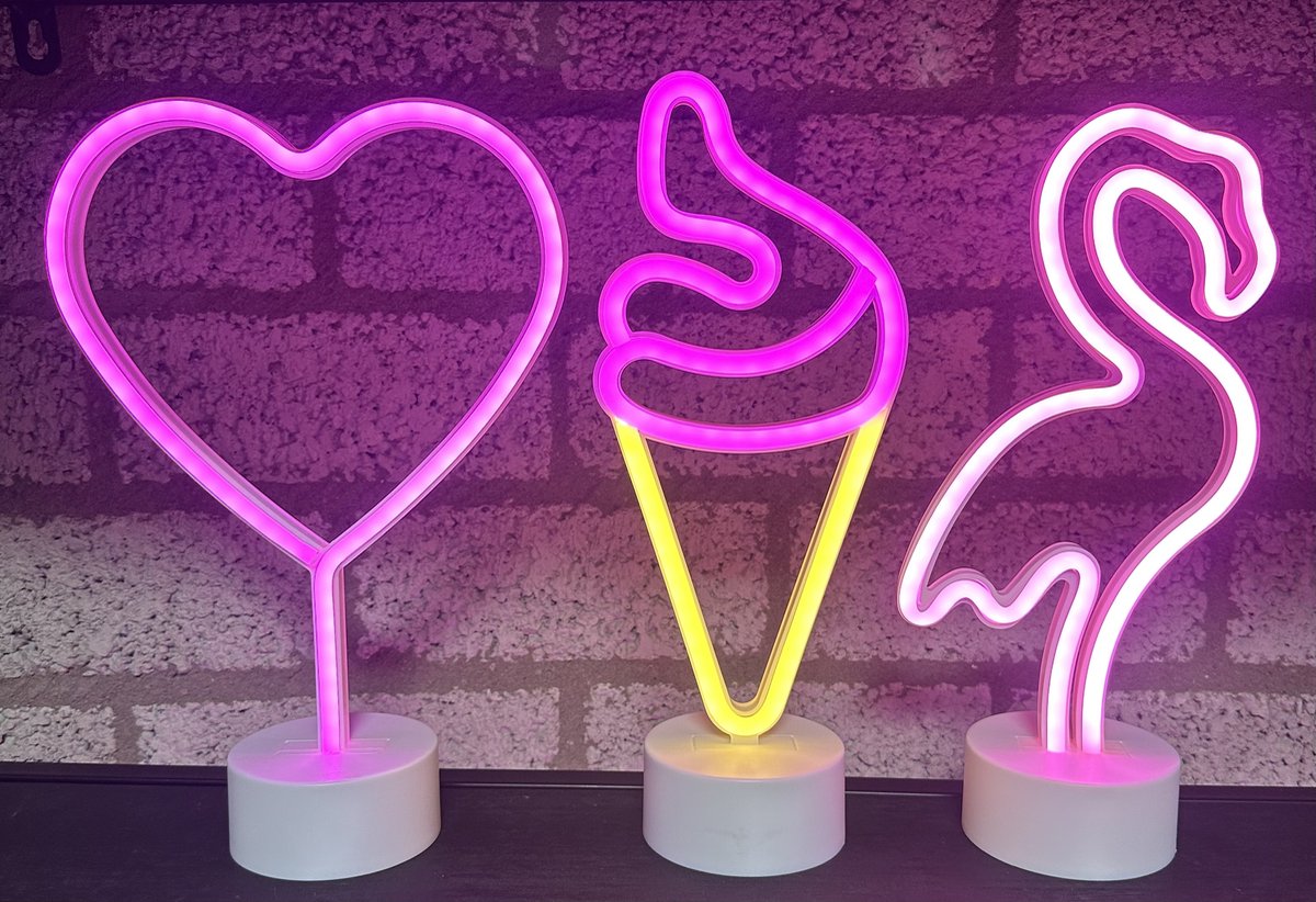 LED lampen met neonlicht - Set van 3 stuks - Hart/IJsje/Flamingo - roze/roze+oranje neon licht - Werken op batterijen en/of USB - Tafellamp - Nachtlamp - Decoratieve verlichting - Woonaccessoires
