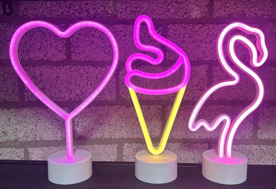 LED lampen met neonlicht - Set van 3 stuks - Hart/IJsje/Flamingo - roze/roze+oranje neon licht - Werken op batterijen en/of USB - Tafellamp - Nachtlamp - Decoratieve verlichting - Woonaccessoires