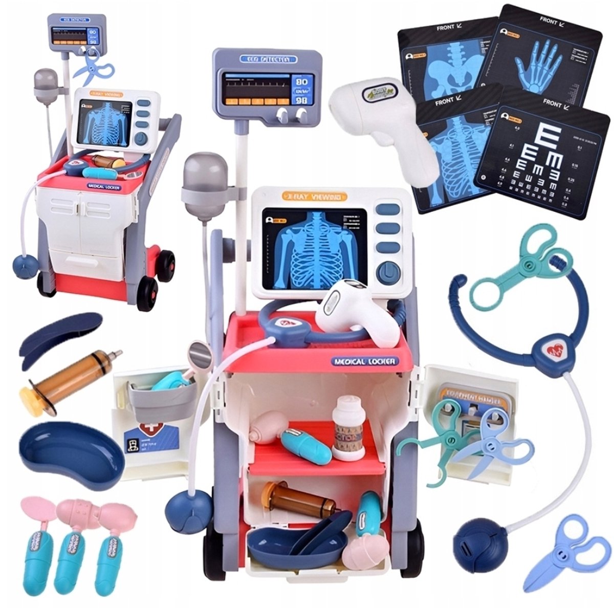 Ilso doktersset ECG-trolley - Röntgen -Rood - Stethoscoop - Spuit - Otoscoop - Thermometer - Met geluid - Inclusief batterijen