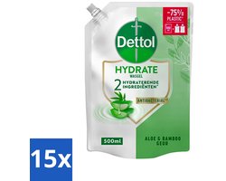 15 x Dettol - Handzeep Navulling - Hydrate - Aloë Vera & Bamboe - 500 ml - Hydraterende Handzeep - Plasticvrije Handzeep - Gevoelige Huid - Handhygiëne
