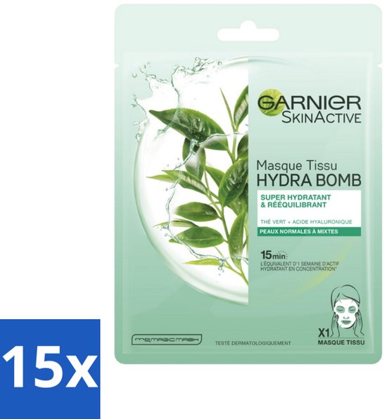 15 x Garnier - SkinActive - Hydra Bomb Tissue Masker - Groene Thee - 1 Gezichtsmasker - Gezichtsmasker - Hydratatie - Zuivering - Groene Thee - Hyaluronzuur