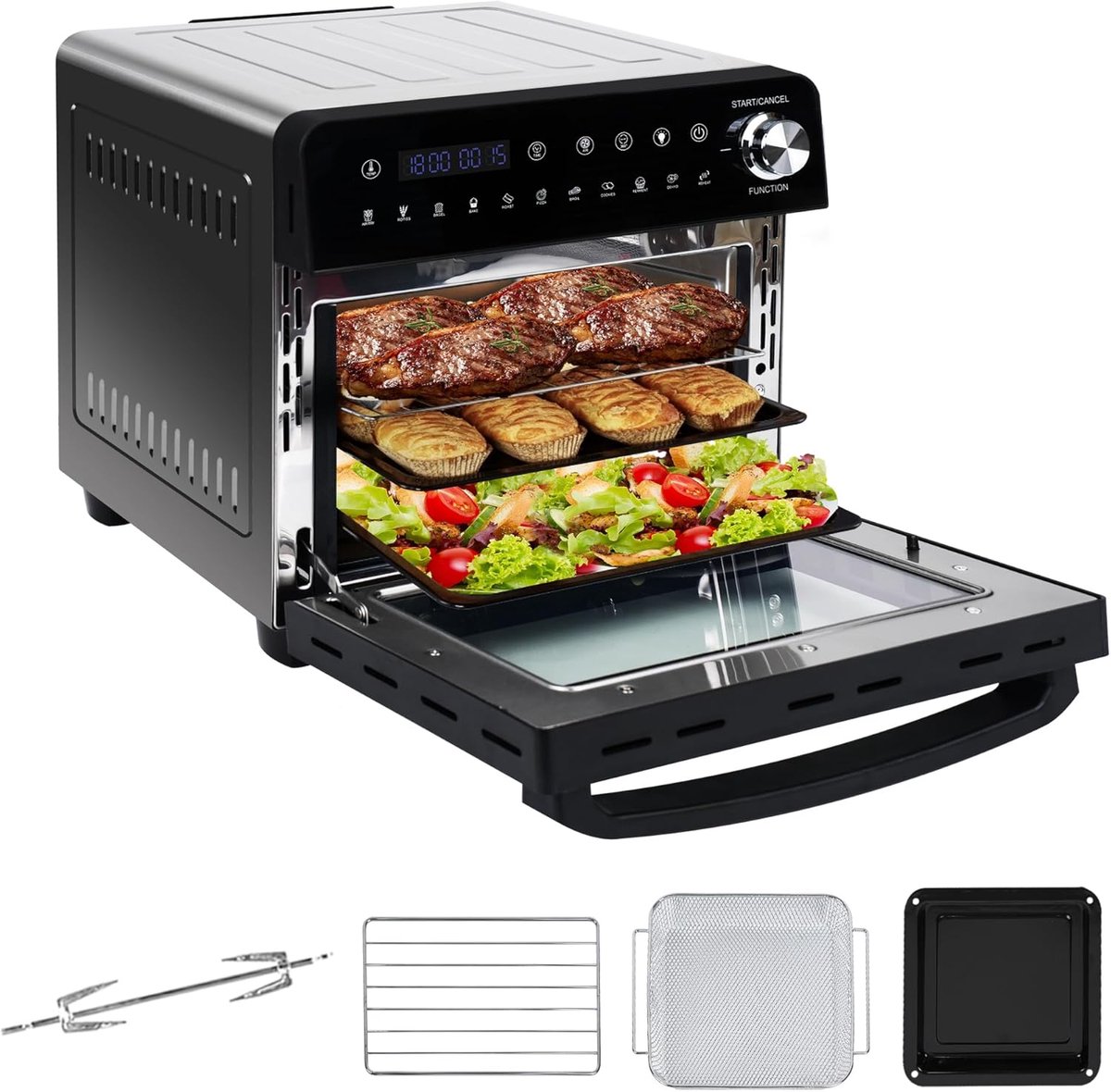 XXL Heteluchtfriteuse – 14 Liter – Multifunctioneel 11-in-1 – Airfryer, Oven, Grill, Rotisserie & Voedseldroger– LED Touchscreen met Draaiknop – Inclusief Accessoires – Zwart/RVS - TELEO