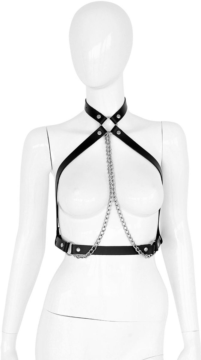 Kiotos Leather - Body Harnas - Leren Riemen Body met Zilveren Ketting - Verstelbaar - Zwart Zilver