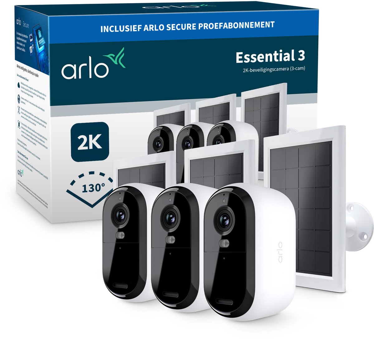 Arlo Essential 2K Caméra de Sécurité Extérieure & Panneau Solaire Pack de 3