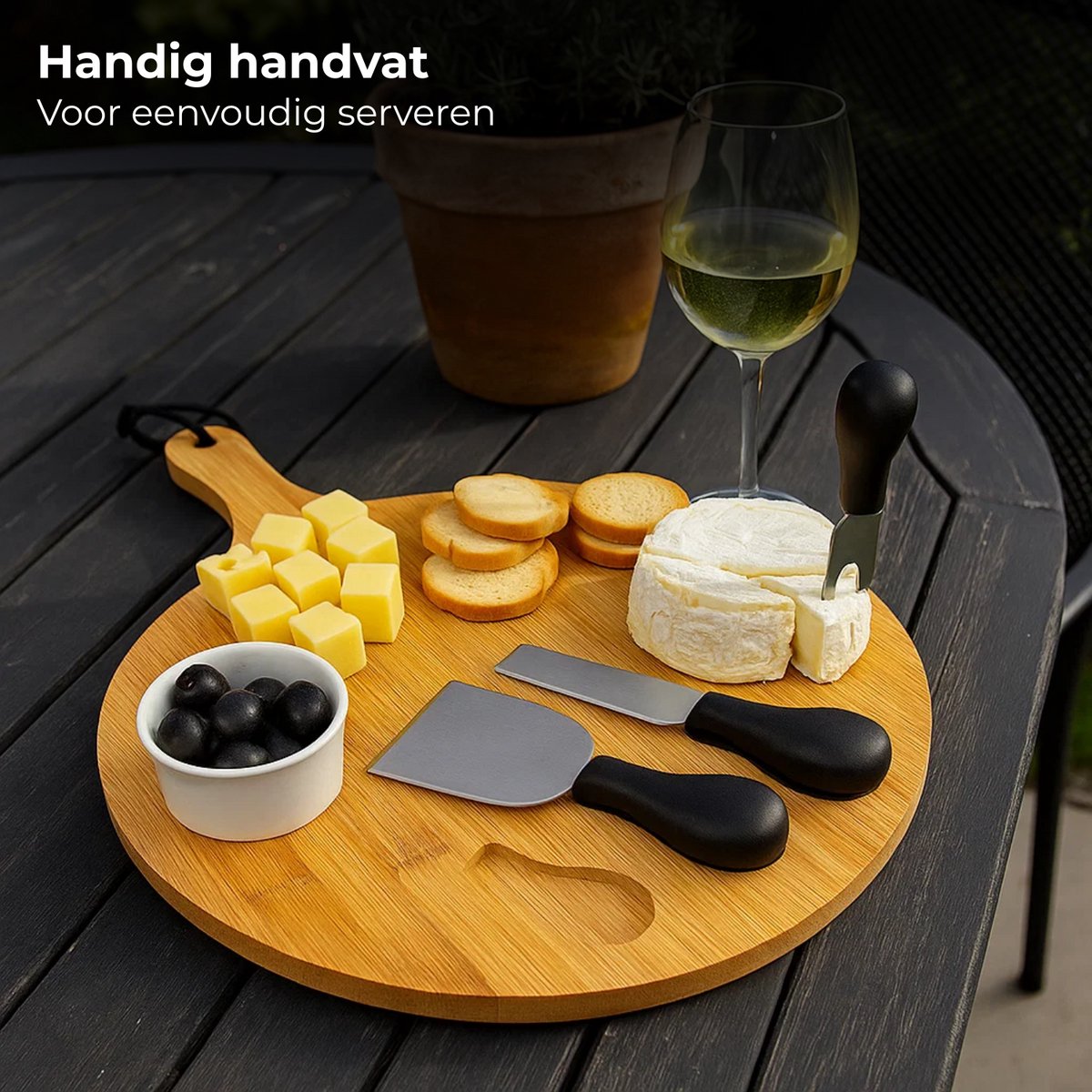 Lomera Bamboe Kaasplank - Kaasplank met Mesjes - Kaasplank Set - Serveerplank Bamboe - Kaasmesjes Set - RVS Kaasmesjes - Kaasplank Rond - Kaas Serveerplank - Kaasplank met Handvat - Kaasplank met 3 Messen — cadeau in Kookcadeaus - foto 2