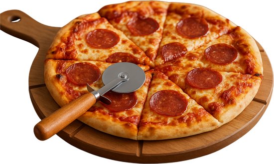 Planche à découper Pizza Lomera - Planche à découper en bois d'acacia - Planche à pizza - Coupe-pizza inclus - Planche à découper avec poignée - Planche à découper avec boucle de suspension - Planche à pizza rainurée - Couteau à pizza inclus