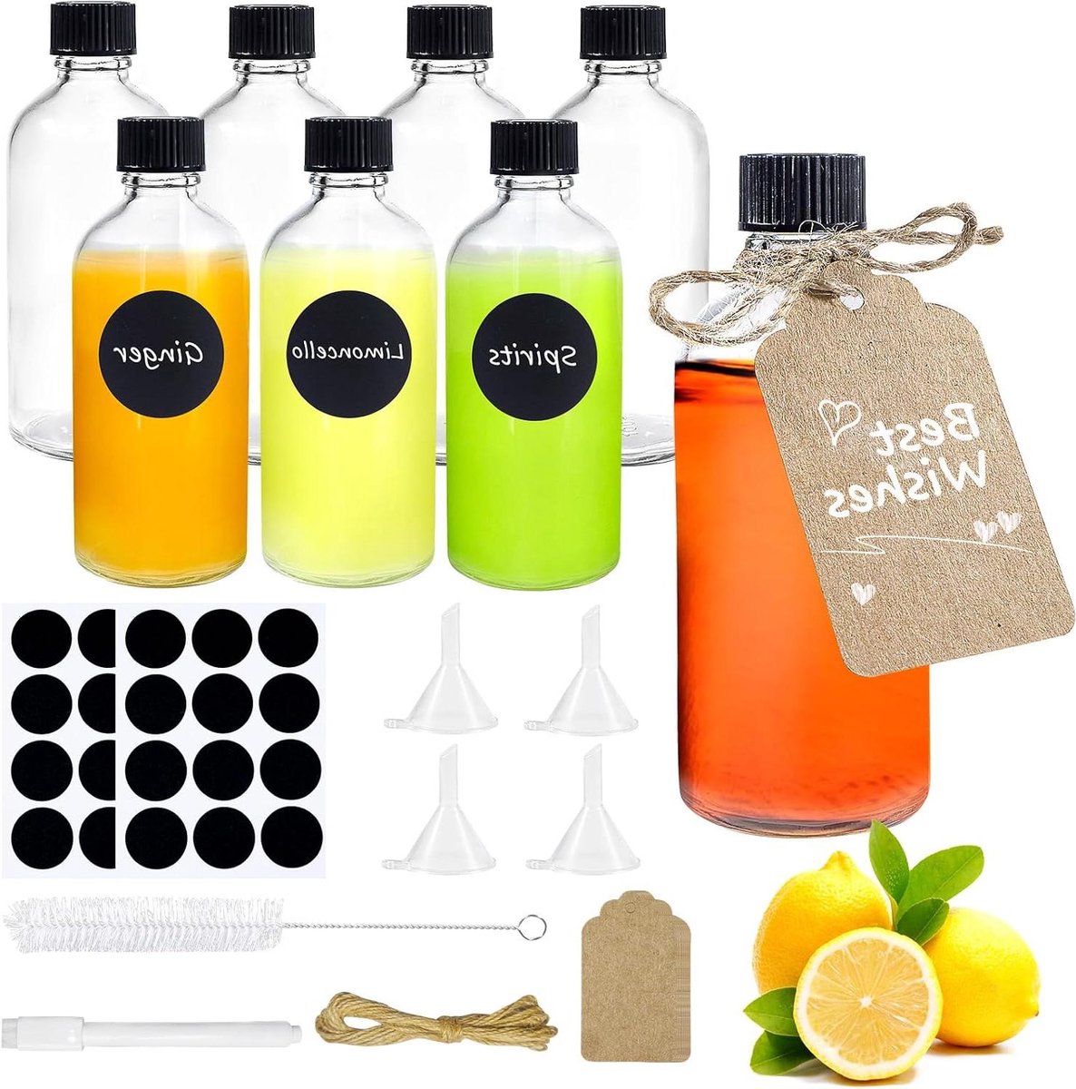 Allecto plus - 8 Glas Shotflessen 100ml om te Vullen, Ginger Shot Flesjes - Inclusief Deksel, Trechters, Etiketten, Pennen, Borstels - Kleine Shot Flessen om te Vullen - Set van 8 Stuks