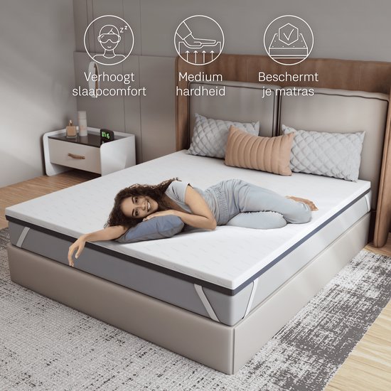 CozySense® DualFeel - Topper 120x200 - Surmatelas - Matras - 100 jours de sommeil d'essai - Dual Feel - 2 couches à retourner, 1 côté froid et 1 côté chaud - Topper - Certifié CertiPUR® - Dureté Medium - 7,5 CM d'épaisseur - Comprend housse lavable