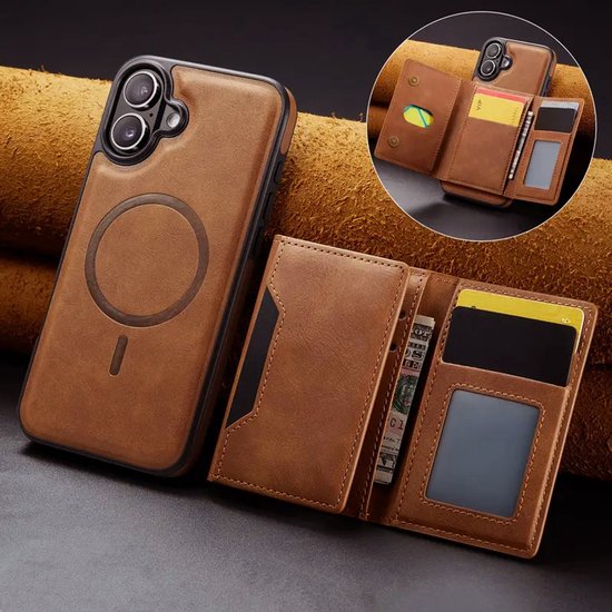 Étui portefeuille magnétique compatible avec iPhone 17 - Porte-cartes - Similicuir - 8 emplacements pour cartes - Magnétique - Protection RFID - Compatible MagSafe - Marron
