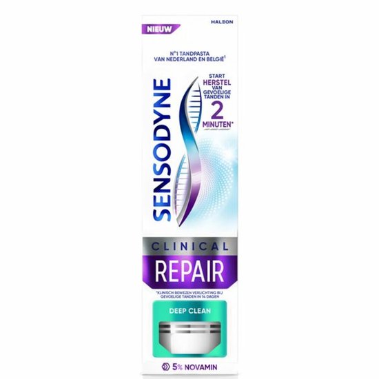 Verpakking Sensodyne Clinical Repair tandpasta, met paarse en blauwe opdruk. 'Deep Clean'.