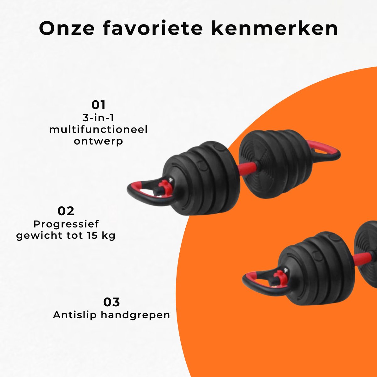 Fitpaddy Gewichten set - Halterset - Halterstang - Dumbells - Kettlebell - 3 in 1 - tot 15kg - Zwart/Rood – foto 5